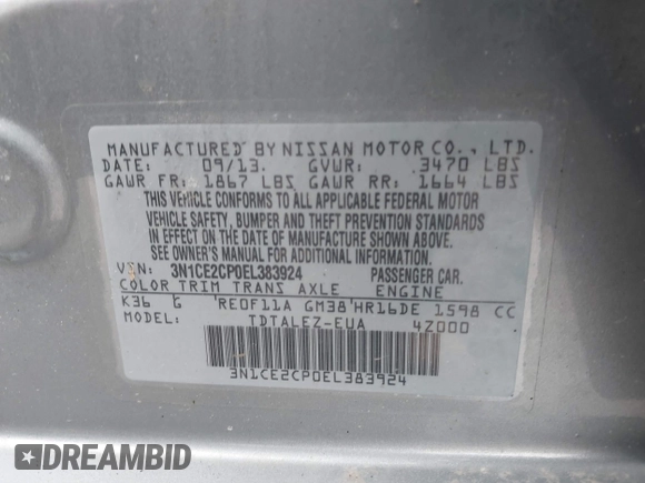 2014 Nissan Note S Plus z VIN 3N1CE2CP0EL383924, wystawiony jako IAAI lot #41729143 z przebiegiem 129 561 mil mil oraz . Historia ofert i sprzedaży dostępna na DreamBid. Obrazek 9.