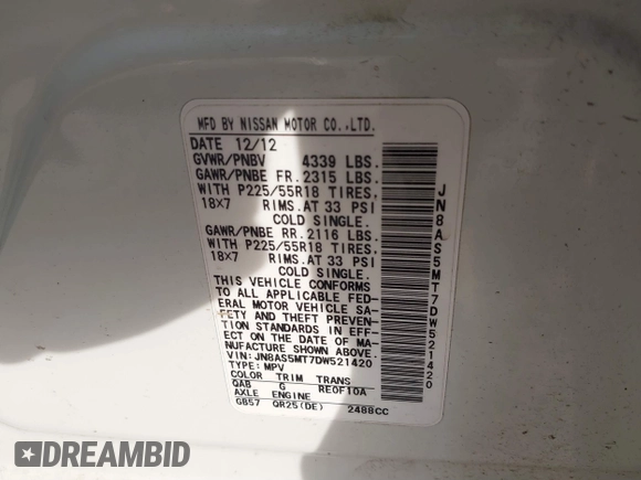 2013 Nissan Rogue S with VIN JN8AS5MT7DW521420, listed as a IAAI auction lot 41689607 with 103,127 mi miles and . Bid and sale history available at DreamBid. Image 9.