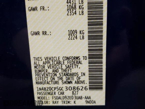 2016 Nissan LEAF S with VIN 1N4BZ0CP5GC308626, listed as a Copart auction lot 42102433 with 65,657 mi miles. Bid and sale history available at carsss.com. Image 13.
