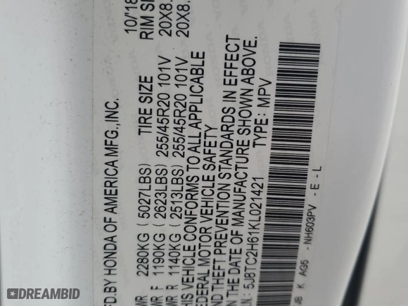 2019 Acura RDX w/A-Spec Pkg with VIN 5J8TC2H61KL021421, listed as a Copart auction lot 43527945 with 62,228 mi miles and Non Repairable. Bid and sale history available at carsss.com. Image 16.
