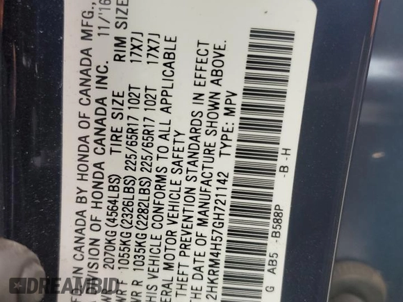 2016 Honda CR-V EX with VIN 2HKRM4H57GH721142, listed as a Copart auction lot 45042265 with Not Provided miles and Salvage Title. Bid and sale history available at DreamBid. Image 15.
