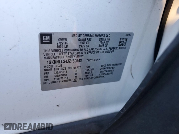 2018 GMC Acadia SLE with VIN 1GKKNLLS4JZ139543, listed as a Copart auction lot 83265764 with 70,562 mi miles and Salvage Title. Bid and sale history available at DreamBid. Image 14.