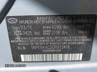 2012 Hyundai Sonata GLS with VIN 5NPEB4AC2CH373418, listed as a IAAI auction lot 42048250 with 190,830 mi miles. Bid and sale history available at carsss.com. Image 9.
