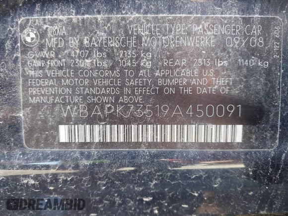 2009 BMW 3 Series 328i xDrive with VIN WBAPK73519A450091, listed as a IAAI auction lot 42305496 with Not provided miles and . Bid and sale history available at DreamBid. Image 9.