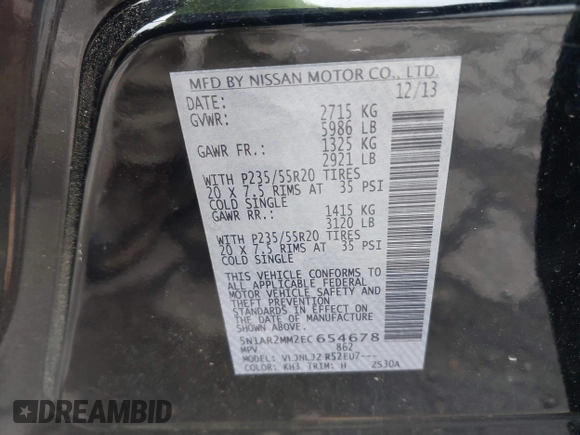 2014 Nissan Pathfinder Platinum with VIN 5N1AR2MM2EC654678, listed as a IAAI auction lot 41983035 with 140,989 mi miles and . Bid and sale history available at DreamBid. Image 9.
