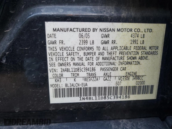 2005 Nissan Altima SL with VIN 1N4BL11D85C394186, listed as a Copart auction lot 80454614 with 176,406 mi miles and Salvage title. Bid and sale history available at DreamBid. Image 12.