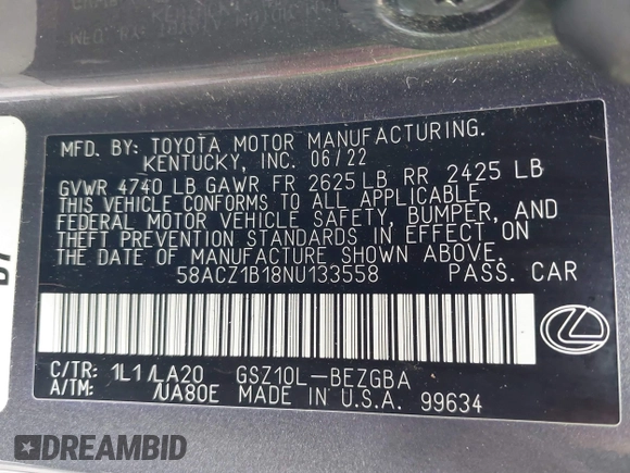 2022 Lexus ES 350 z VIN 58ACZ1B18NU133558, wystawiony jako IAAI lot #41837796 z przebiegiem 35 770 mil mil oraz . Historia ofert i sprzedaży dostępna na DreamBid. Obrazek 9.