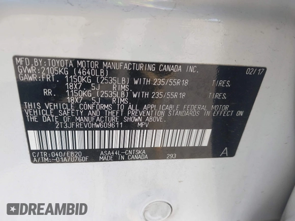 2017 Toyota RAV4 SE with VIN 2T3JFREV0HW609611, listed as a IAAI auction lot 42618053 with 85,915 mi miles and . Bid and sale history available at DreamBid. Image 9.