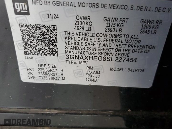 2025 Chevrolet Equinox FWD LT with VIN 3GNAXHEG8SL227454, listed as a Copart auction lot 51169825 with 2,233 mi miles and Salvage Title. Bid and sale history available at DreamBid. Image 12.