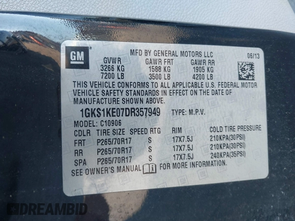 2013 GMC Yukon XL SLT with VIN 1GKS1KE07DR357949, listed as a IAAI auction lot 42227558 with 232,071 mi miles and . Bid and sale history available at DreamBid. Image 9.