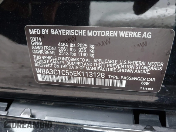 2014 BMW 3 Series 328i with VIN WBA3C1C55EK113128, listed as a IAAI auction lot 41259472 with 82,798 mi miles. Bid and sale history available at carsss.com. Image 9.