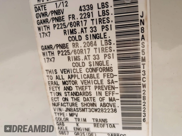 2012 Nissan Rogue S with VIN JN8AS5MT3CW282236, listed as a IAAI auction lot 41559682 with 136,826 mi miles and . Bid and sale history available at DreamBid. Image 9.