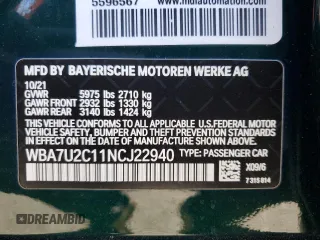2022 BMW 7 Series with VIN WBA7U2C11NCJ22940, listed as a Copart auction lot 87848125 with 37,023 mi miles and Salvage title. Bid and sale history available at DreamBid. Image 12.