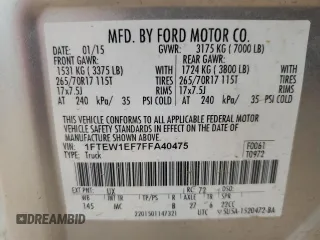 2015 Ford F-150 XLT с VIN 1FTEW1EF7FFA40475, выставлен на аукционе Copart как лот 55619615 с пробегом 200 254 миль миль и Списание • Salvage title. История ставок и продаж доступна на DreamBid. Изображение 12.