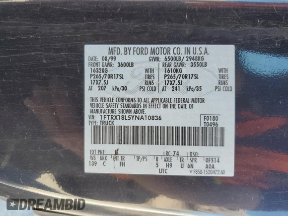 2000 Ford F-150 XL z VIN 1FTRX18L5YNA10836, wystawiony jako Copart lot #55325245 z przebiegiem 188 237 mil mil oraz Szkoda całkowita • Salvage title. Historia ofert i sprzedaży dostępna na DreamBid. Obrazek 12.