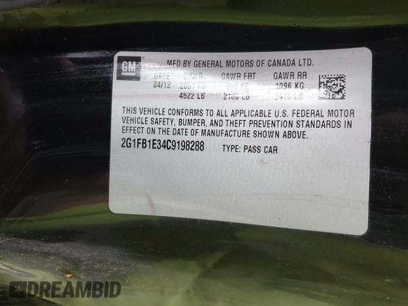 2012 Chevrolet Camaro 1LT with VIN 2G1FB1E34C9198288, listed as a IAAI auction lot 42637531 with 121,943 mi miles and . Bid and sale history available at DreamBid. Image 9.