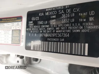 2023 Kia Rio S z VIN 3KPA24AD9PE567364, wystawiony jako IAAI lot #41145615 z przebiegiem 82 143 mil mil oraz . Historia ofert i sprzedaży dostępna na DreamBid. Obrazek 9.