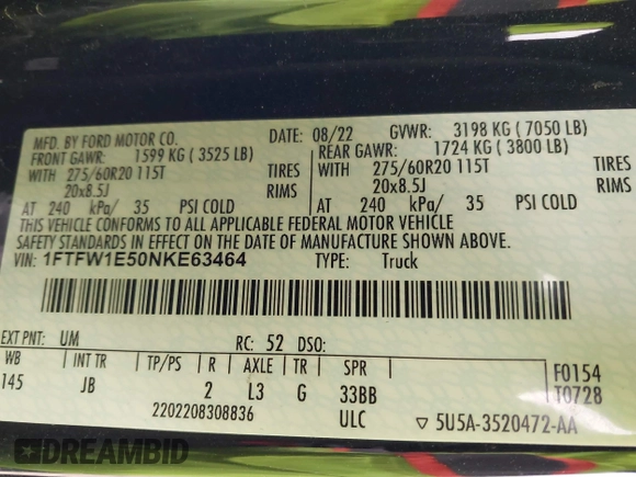 2022 Ford F-150 XL с VIN 1FTFW1E50NKE63464, выставлен на аукционе IAAI как лот 41179489 с пробегом 159 858 миль миль и . История ставок и продаж доступна на DreamBid. Изображение 9.