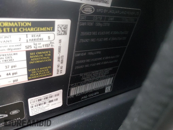 2019 Land Rover Range Rover Sport Dynamic with VIN SALWR2RE2KA858473, listed as a Copart auction lot 56019275 with 54,434 mi miles and Salvage title. Bid and sale history available at DreamBid. Image 13.