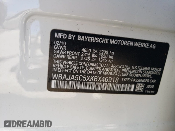 2019 BMW 5 Series 530i with VIN WBAJA5C5XKBX46918, listed as a Copart auction lot 53483355 with 47,208 mi miles and Salvage Title. Bid and sale history available at carsss.com. Image 13.