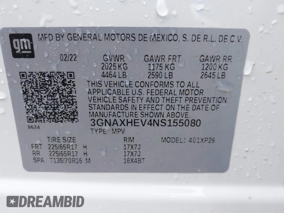 2022 Chevrolet Equinox LS with VIN 3GNAXHEV4NS155080, listed as a IAAI auction lot 42370518 with Not provided miles and . Bid and sale history available at DreamBid. Image 9.
