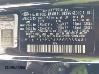 2016 Kia Sorento LX with VIN 5XYPGDA35GG055431, listed as a IAAI auction lot 41821606 with 141,011 mi miles. Bid and sale history available at carsss.com. Image 9.