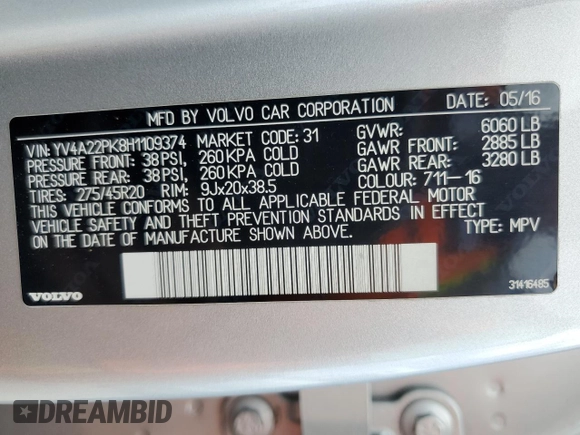 2017 Volvo XC90 with VIN YV4A22PK8H1109374, listed as a Copart auction lot 49300485 with 127,804 mi miles and Salvage Title. Bid and sale history available at DreamBid. Image 12.