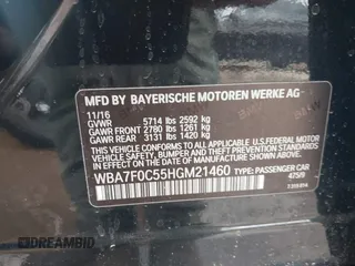 2017 BMW 7 Series 750i with VIN WBA7F0C55HGM21460, listed as a IAAI auction lot 41934198 with 58,206 mi miles and . Bid and sale history available at DreamBid. Image 17.