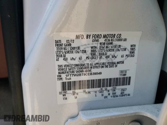 2012 Ford F-250 XL with VIN 1FT7W2BT9CEB39549, listed as a Copart auction lot 43108465 with 175,427 mi miles and Salvage Title. Bid and sale history available at DreamBid. Image 13.