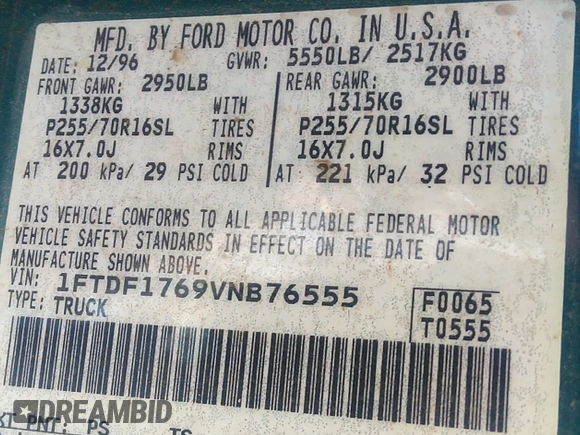 1997 Ford F-150 with VIN 1FTDF1769VNB76555, listed as a IAAI auction lot 41877502 with 322,877 mi miles and . Bid and sale history available at DreamBid. Image 9.