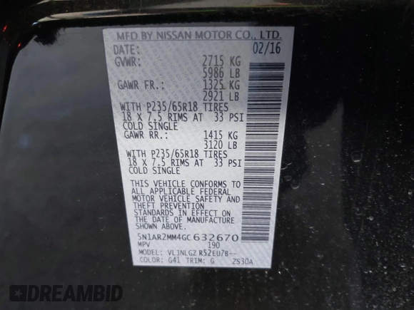 2016 Nissan Pathfinder Platinum with VIN 5N1AR2MM4GC632670, listed as a IAAI auction lot 42433320 with 92,686 mi miles and . Bid and sale history available at DreamBid. Image 9.
