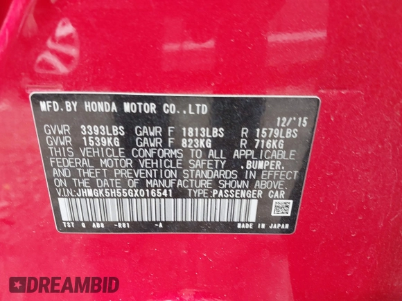 2016 Honda Fit LX with VIN JHMGK5H55GX016541, listed as a IAAI auction lot 41876838 with 103,537 mi miles. Bid and sale history available at carsss.com. Image 9.