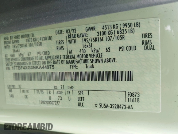 2022 Ford Transit Cargo with VIN 1FTBF4XG3NKA44975, listed as a IAAI auction lot 42161004 with 40,682 mi miles and . Bid and sale history available at DreamBid. Image 9.