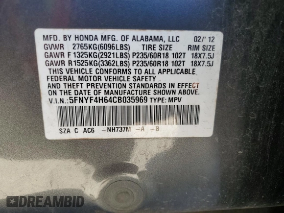 2012 Honda Pilot EX-L with VIN 5FNYF4H64CB035969, listed as a Copart auction lot 47295355 with 0 mi miles and Salvage Title. Bid and sale history available at carsss.com. Image 15.