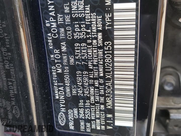 2020 Hyundai Tucson Ultimate with VIN KM8J3CALXLU280153, listed as a Copart auction lot 63006085 with 68,770 mi miles and Salvage title. Bid and sale history available at DreamBid. Image 13.