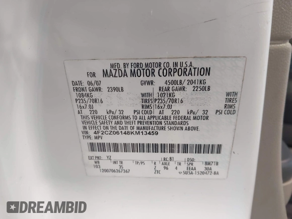 2008 Mazda Tribute ES with VIN 4F2CZ06148KM13459, listed as a IAAI auction lot 41742402 with 196,030 mi miles and . Bid and sale history available at DreamBid. Image 9.
