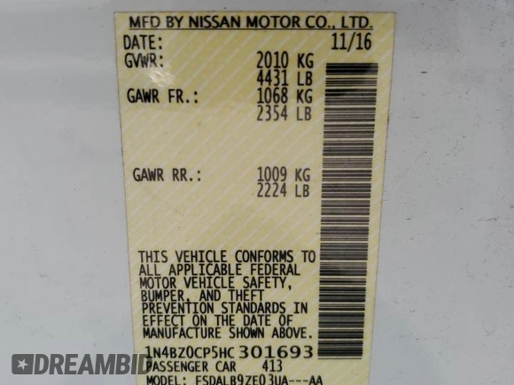 2017 Nissan LEAF SL with VIN 1N4BZ0CP5HC301693, listed as a Copart auction lot 64637913 with 46,815 mi miles. Bid and sale history available at carsss.com. Image 14.