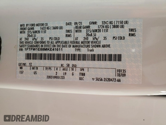 2021 Ford F-150 XL with VIN 1FTFW1E88MKE41611, listed as a Copart auction lot 61092115 with 83,277 mi miles and Salvage title. Bid and sale history available at DreamBid. Image 12.