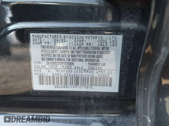 2021 Nissan Sentra SV z VIN 3N1AB8CVXMY279895, wystawiony jako IAAI lot #41794768 z przebiegiem 169 955 mil mil oraz . Historia ofert i sprzedaży dostępna na DreamBid. Obrazek 9.