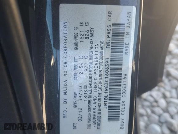 2012 Mazda 3 i Grand Touring with VIN JM1BL1W83C1606393, listed as a Copart auction lot 47127975 with Not Provided miles and Salvage Title. Bid and sale history available at DreamBid. Image 13.