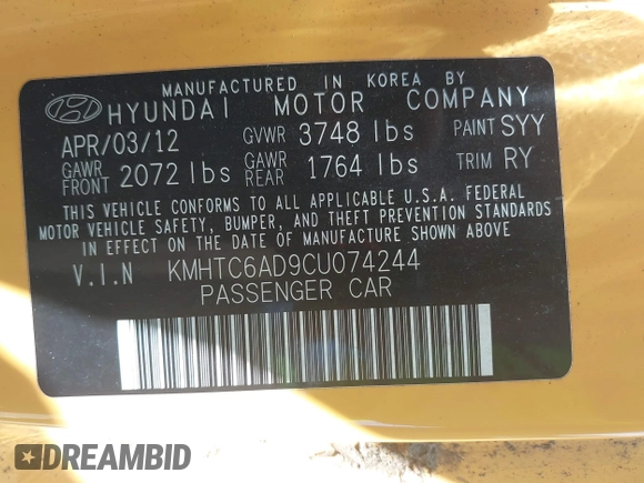 2012 Hyundai Veloster w/Gray Int с VIN KMHTC6AD9CU074244, выставлен на аукционе IAAI как лот 42471609 с пробегом 117 402 миль миль и . История ставок и продаж доступна на DreamBid. Изображение 9.