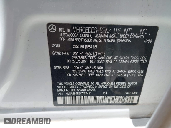 2000 Mercedes-Benz M 320/430/500 z VIN 4JGAB54E5YA157431, wystawiony jako IAAI lot #42472892 z przebiegiem 125 973 mil mil oraz . Historia ofert i sprzedaży dostępna na DreamBid. Obrazek 9.