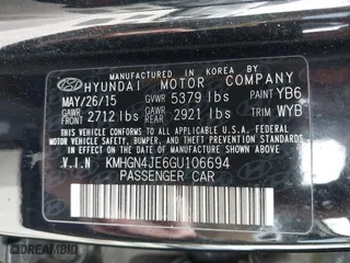 2016 Hyundai Genesis 3.8L with VIN KMHGN4JE6GU106694, listed as a IAAI auction lot 41865148 with 161,659 mi miles. Bid and sale history available at carsss.com. Image 9.
