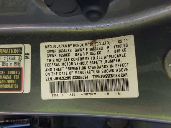 2012 Honda Insight LX with VIN JHMZE2H51CS003694, listed as a IAAI auction lot 41781384 with 154,685 mi miles and . Bid and sale history available at DreamBid. Image 9.