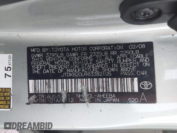 2008 Toyota Prius with VIN JTDKB20U983382105, listed as a IAAI auction lot 40850549 with 185,759 mi miles. Bid and sale history available at carsss.com. Image 9.