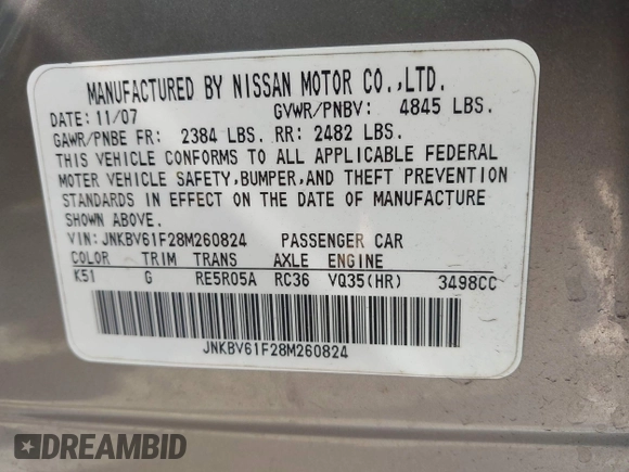 2008 Infiniti G35 Sedan x with VIN JNKBV61F28M260824, listed as a IAAI auction lot 42061695 with 131,916 mi miles. Bid and sale history available at carsss.com. Image 9.