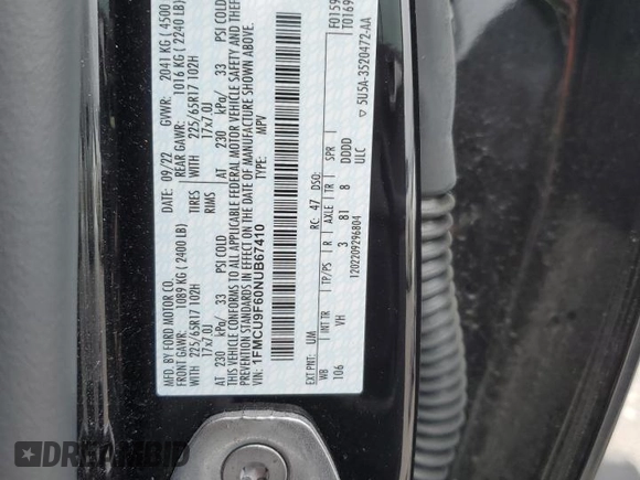 2022 Ford Escape S with VIN 1FMCU9F60NUB67410, listed as a Copart auction lot 51986465 with Not provided miles and Clean title. Bid and sale history available at DreamBid. Image 13.
