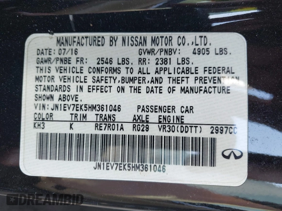 2017 Infiniti Q60 Sport with VIN JN1EV7EK5HM361046, listed as a IAAI auction lot 41786594 with 87,193 mi miles and . Bid and sale history available at carsss.com. Image 9.