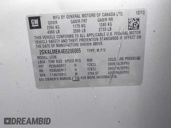 2014 GMC Terrain SLE with VIN 2GKALMEK4E6206065, listed as a IAAI auction lot 42432461 with 203,942 mi miles and . Bid and sale history available at DreamBid. Image 9.