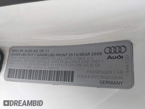 2011 Audi A5 Premium Plus с VIN WAULFAFH2BN020509, выставлен на аукционе IAAI как лот 42381177 с пробегом 132 106 миль миль и . История ставок и продаж доступна на DreamBid. Изображение 9.